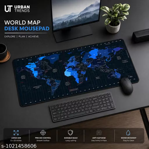 Extended World Map Desk Mat Anti-Slip 58x27cm