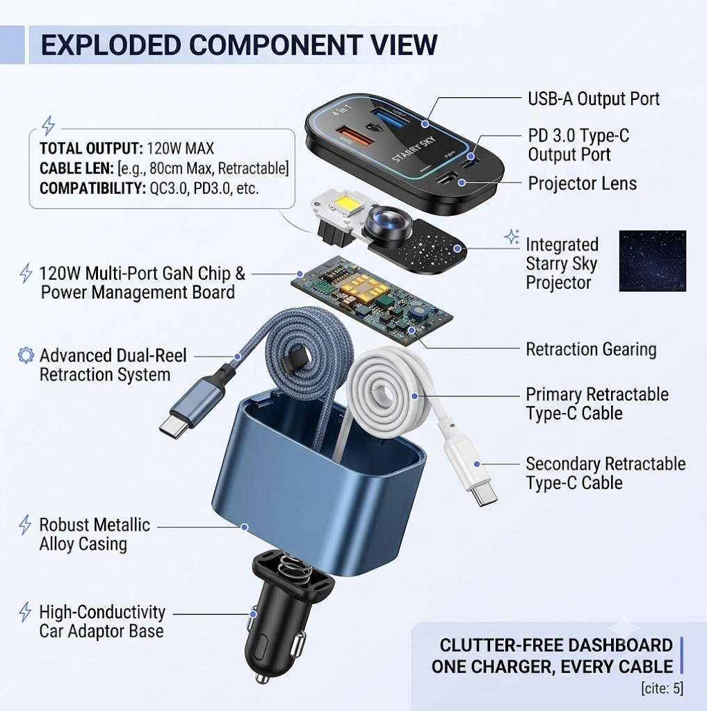 Retractable Car Charger with Night Sky Projection