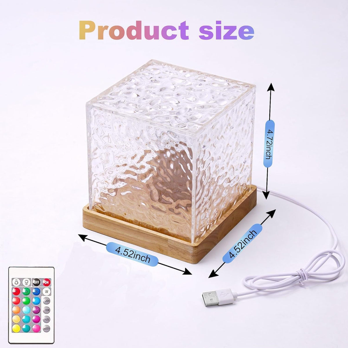 Glass cube lamp with wooden base and remote control, showing product size measurements.