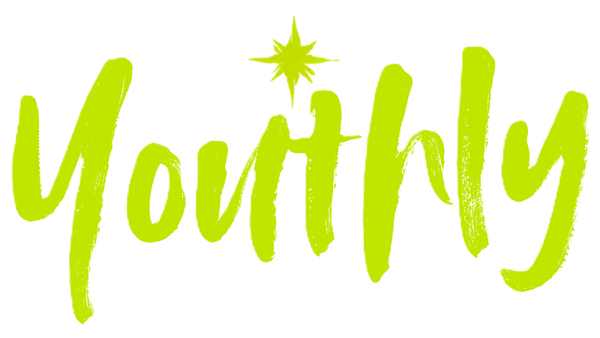 The word 'Youthly' written in a bright lime green brush-stroke style font, with a small starburst graphic above the letter 'o', on a solid white background.