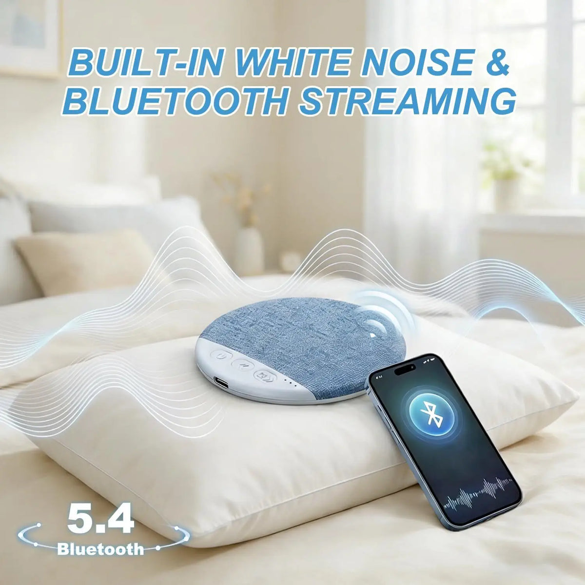Under Pillow Bluetooth Speaker on a pillow with smartphone showing Bluetooth connection, in a bedroom setting.
