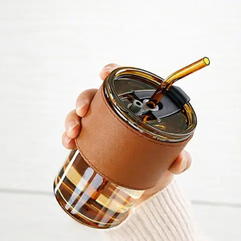 350ml Premium Glass Tumbler with Leather Sleeve & Amber Glass Straw – Reusable Iced Coffee Cup