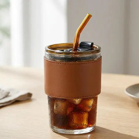 350ml Premium Glass Tumbler with Leather Sleeve & Amber Glass Straw – Reusable Iced Coffee Cup