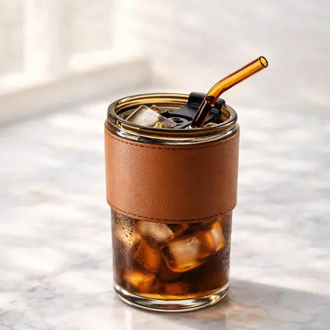 350ml Premium Glass Tumbler with Leather Sleeve & Amber Glass Straw – Reusable Iced Coffee Cup