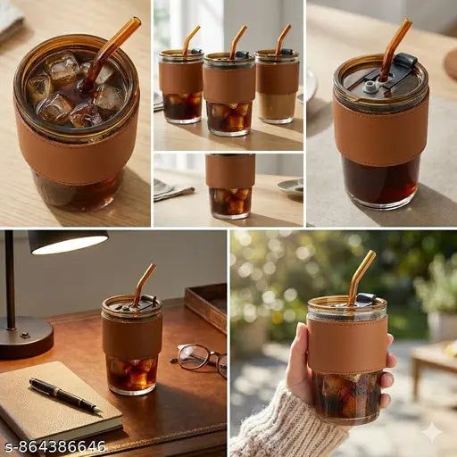 350ml Premium Glass Tumbler with Leather Sleeve & Amber Glass Straw – Reusable Iced Coffee Cup