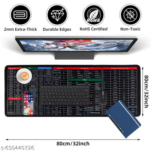Keyboard Shortcut Desk Mat Anti-Slip Mouse Pad 800x300x2mm